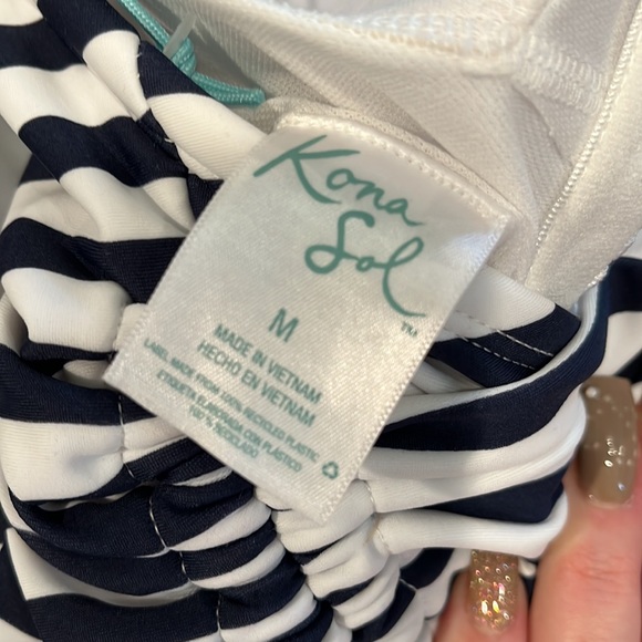 Kona Sol Swim Suit Bathing Suit High Coverage One Piece Navy Blue Stripes - Picture 7 of 8